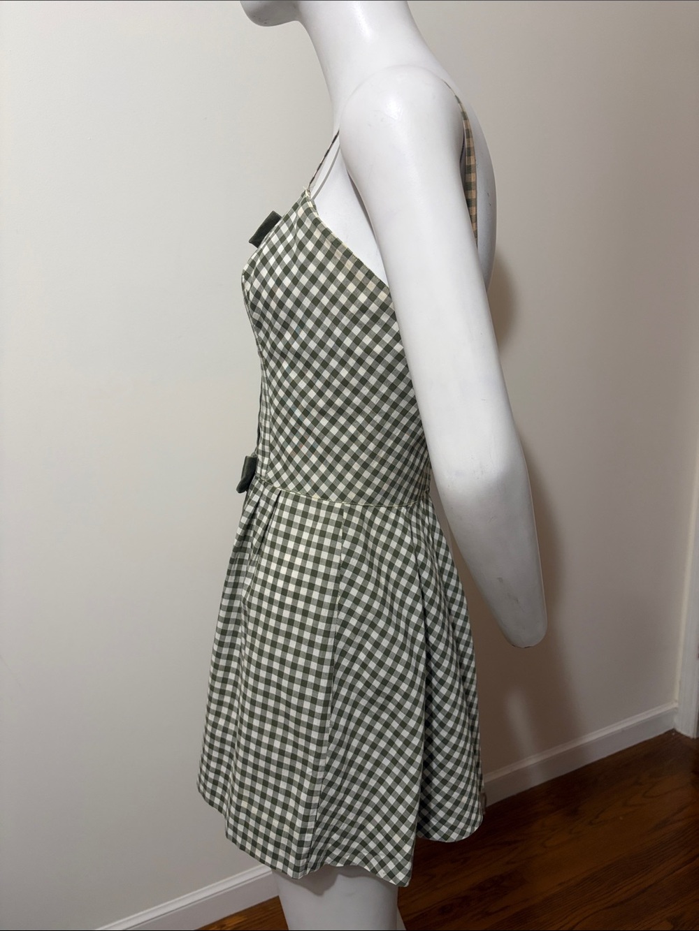 1950's Carolyn Schnurer Olive Green Gingham Bow-Accent Sundress Skort - Picture 2 of 11